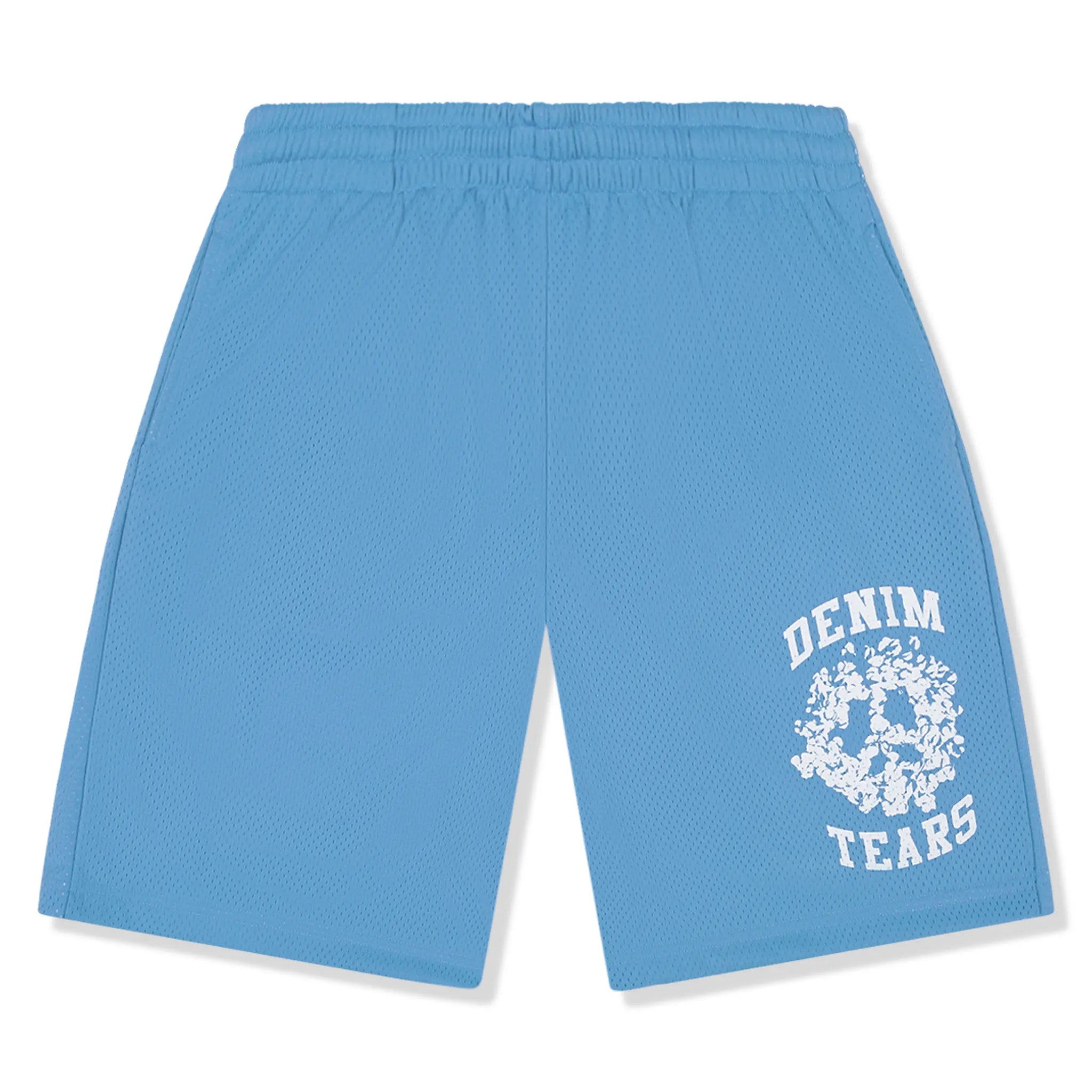 Front View of denim tears university light blue mesh shorts